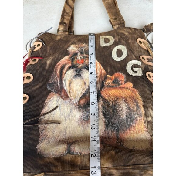 For Nine Dark Brown Corduroy Shih Tzu Dog Theme Shoulder Bag w/Leather Tassels - Picture 6 of 13
